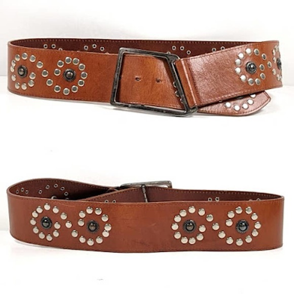 Vintage Avignon Made in USA Wide Leather Hip Belt Studded Brown Size Small